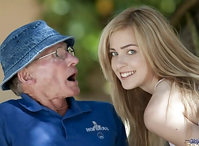 Lovely teen sucks grandpa outdoors and she swallows it all